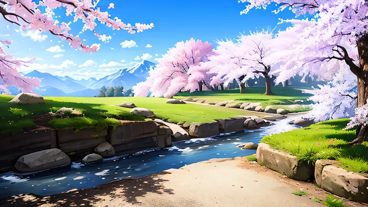 octane rating, there are no humans, null, scenery, outdoors, cloud, wood, rock, Day, blue null, cherry blossoms, Grass, cloudy null, Mountain