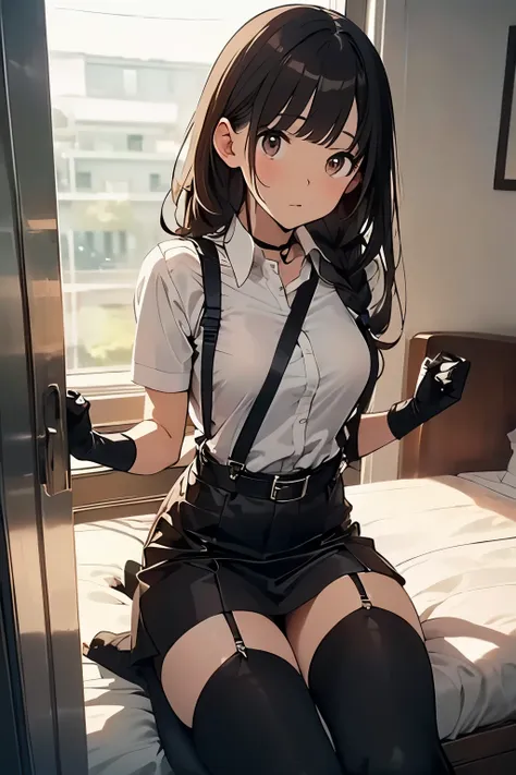 brown hair、looking at the viewer　　suspenders　　　big swollen breasts　　 　 　　　　black mini skirt　garter belt　knee high socks　　　　　　Aerial perspective　　　small face　bangs 　　　　　Beauty　　hands up　　 　sideways view 　black boots 　provocation　　　one person 　　　cutter shirt...