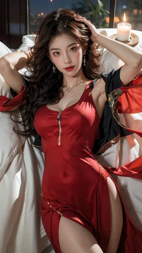 exotic_dance,, yinziping,china dress, 1girl, lying in bed, ((bird&#39;s eye view shot)), ((cowboy shot)), show off your exquisit...