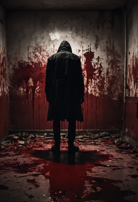 (aesthetically pleasing) dark abandoned room, table, (detailed) man viewed from behind wearing a black jacket, hold knive weapon, (sinister) detailed ray lighting, (disturbing) blood stains on the wall and floor, (intense) red color palette, (ominous) seri...