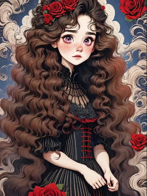(best quality,masterpiece:1.2,detailed details,4k),(girl, wavy long hair,red头发,big ear,big eyes,small freckles,exaggerated expression,),(roses,Gothic),(vaporwave,transpiration,gas,steampunk gothic victorian style), deep emotions, enthusiasm, red,black,blue...