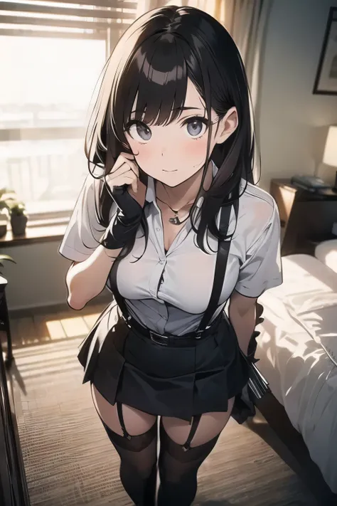 brown hair、looking at the viewer　　suspenders　　　big swollen breasts　　 　 　　　　black mini skirt　garter belt　knee high socks　　　　　　Aerial perspective　　　small face　bangs 　　　　　Beauty　　hands up　　 　sideways view 　black boots 　provocation　　　one person 　　　cutter shirt...