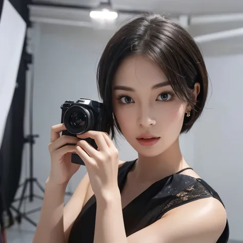 in a photo studio for taking pictures, in elegant fashion, looking at viewer, upper body, close up, short hair,