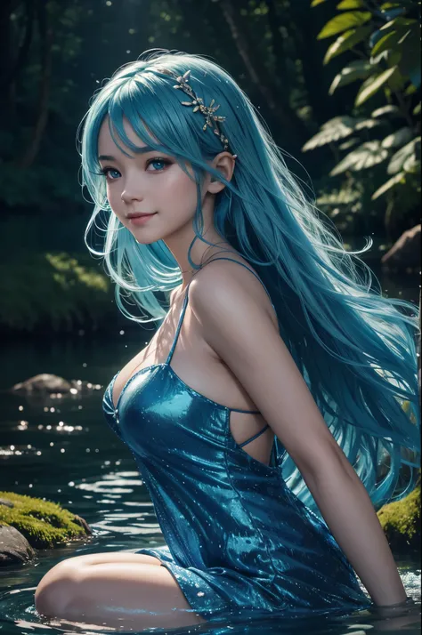 8K,Undine, the smiling water spirit,A body made only of water(whole body),lake in the forest,Beautiful mountains in the distance々,beautiful expression,gorgeous water beautiful dress,beautiful blue hair,masterpiece,Photorealistic RAW photos of the highest q...