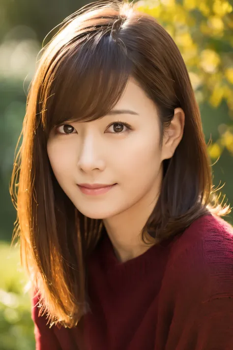 portrait, 8K, high quality, realistic photo images, 39 years old, japanese woman, clear,sexy, Wearing a knitted sweater,Reproduces natural and realistic eyes, japanese stand, waiting for someone, beautiful brown hair, beautiful lighting, golden ratio compo...