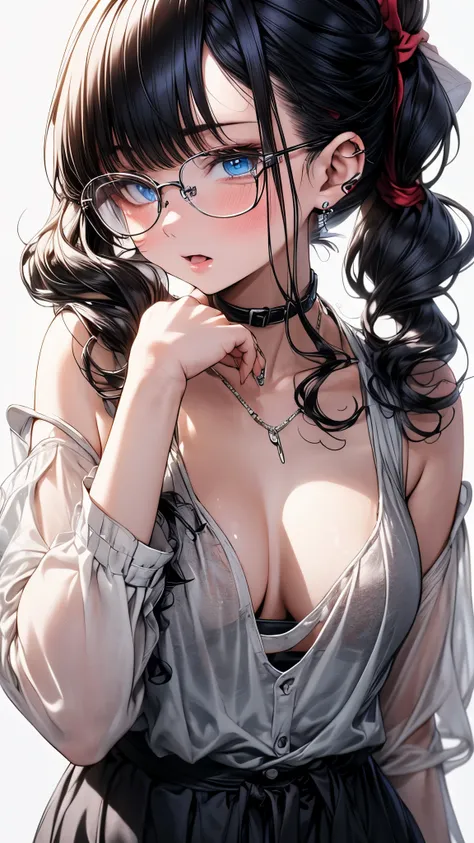 1 female,black hair, ,((impatient look)),beautiful breasts,thin white tank top,good style,,(facing the front)(((cheeks turn red、surprised expression)),(((low ponytail))),((( upper body portrait)))frameless glasses,blue eyes,(((The bangs are even)))((See-th...