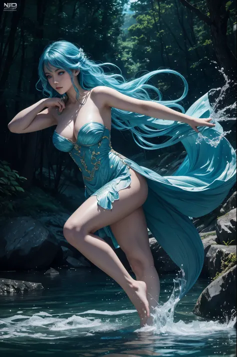 8K,Water Spirit Undine,A body made only of water(whole body),lake in the forest,Beautiful mountains in the distance々,beautiful expression,gorgeous water beautiful dress,beautiful blue hair,masterpiece,Photorealistic RAW photos of the highest quality。bright...