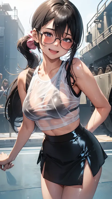 1 female,black hair,25 years old,(((blue shiny micro tight skirt)))((white tank top))(((blush、open mouth smile)),(((straight hair))),(((portrait))),crowd,,(wet with sweat)(sexy black bra and see-through tank top)(Glasses)(((small breasts)))((low ponytail))