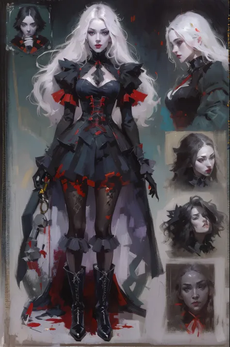 full body portrait，Vampire woman wearing gothic style clothing，Sexy and enchanting，long white hair，Red eyes，Blood at the corners of the mouth，small leather boots，moonlit wilderness，Surrealism，painting，ink，acrylic painting，masterpiece，Gothic thriller style，...