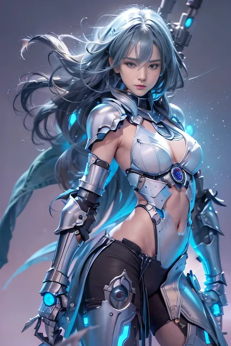 (NSFW), ((1 female:1.4)), one personで, 18-year-old, 7 head and body, (cute face), (Beautiful shining blue eyes:1.4), (ideal body proportions), (An android with a mechanized left leg and left arm.:1.4), (platinum metal machinery), length , chest fantasy, cl...