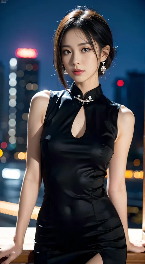 （sleeveless cheongsam：1.5）， Chinese style short hair， floral， faint smile， watch_exist_peeping exist the viewer， depth of field， External， cityscape at night， （1 girl：1.6）， ulzzang-6500v1.1， （original： 1.2）， （realistically： 1.3） ， beautiful girl，with beaut...