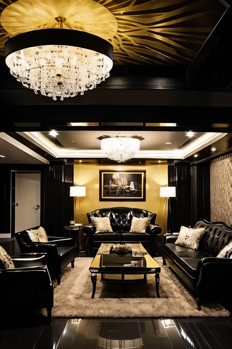 Mafia room,Mainly white and black with some gold々It is in the,There&#39;s an expensive sofa,There is a picture of a wolf on display.,there is a chandelier,Looks like a basement