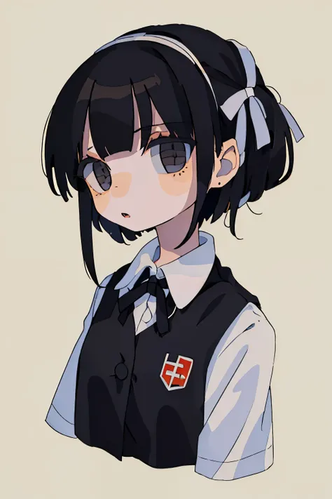 simple background, ribbon, Uniforms,
(best quality, masterpiece, original photo,Super detailed:1.2), 1 girl,alone,looking at the audience, pale skin, black hair, black sclera, white eyes, neutral expressions