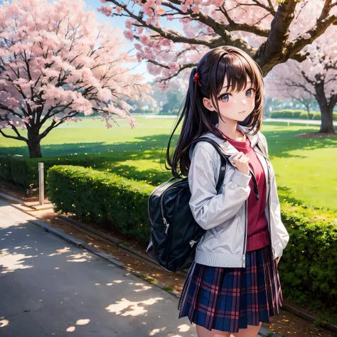 A 17-year-old high school girl、Standing in front of a cherry tree。