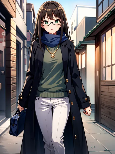 Rin Shibuya、1 girl, mature woman, green eyes、black long hair、A woman wearing a long coat and posing in a Japanese town in the middle of winter、she wears a navy scarf around her neck、woman wearing glasses、thin frame glasses、round lens glasses、thin gold glas...