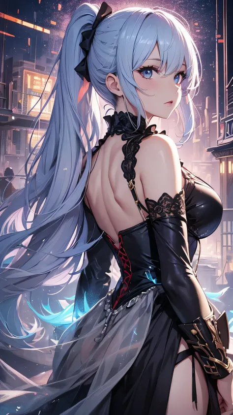 最high quality、best image quality、masterpiece、girl((20-year-old、 By becoming、vest bust、medium bust,wide open breast tea、shining eyes, light blue hair、long hair、thin,highest valley、ponytail、action of looking up、bandage、black dress、long skirt、Rear view、emphas...