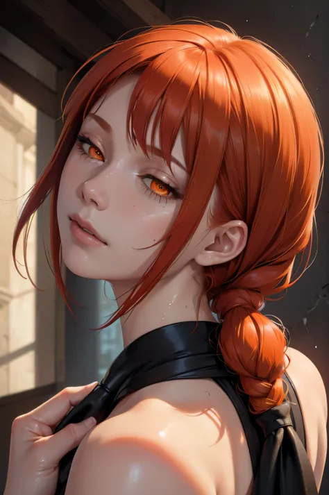 (masterpiece, best quality, solo, intricate details, chromatic aberration), realistic, makima , half-closed_eyes, from behind, looking at viewer, close-up, orange eyes, long red hair, wet skin,  Suit And Tie, 