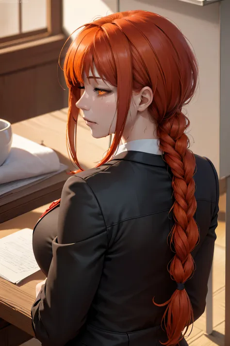 (masterpiece, best quality, solo, intricate details, chromatic aberration), realistic, makima , half-closed_eyes, from behind, looking at viewer, close-up, orange eyes, long red hair, wet skin,  Suit And Tie, 