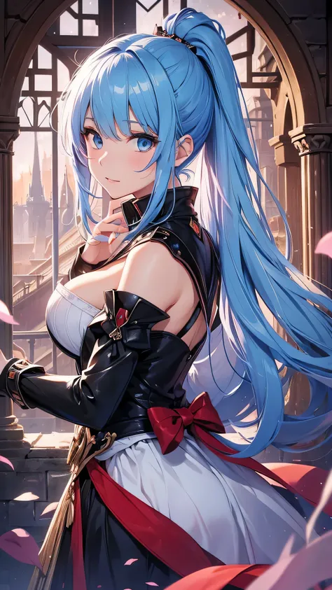 最high quality、best image quality、masterpiece、girl((20-year-old、 By becoming、vest bust、medium bust,wide open breast tea、shining eyes, light blue hair、long hair、thin,highest valley、ponytail、action of looking up、bandage、black dress、long skirt、Rear view、emphas...