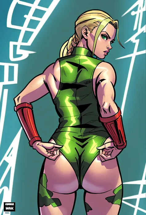 ((((masterpiece, best quality)))), ((34 year old)), (((Curvy))), ((Cammy from Street Fighter)), pulling out ((green high cut leotard)), (((Wedgie))), (red combat bracers), green camo leg-paint, (((Big butt))), (standing in a hangar), (((comic book art styl...