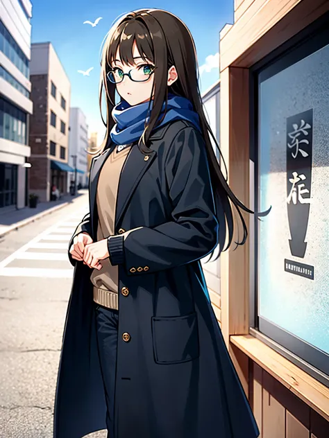 RIN SHIBUYA、1 girl, mature woman, green eyes、black long hair、A woman wearing a long coat and posing in a Japanese town in the middle of winter、she wears a navy scarf around her neck、woman wearing glasses、thin frame glasses、round lens glasses、thin gold glas...