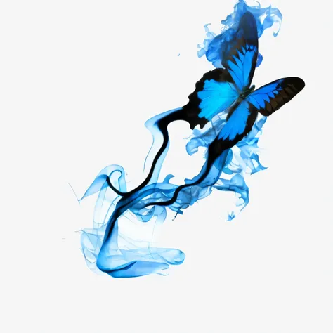 there is a blue Butterfly flying through the air with smoke, emerging from blue flame, breathing blue flame, Butterfly, on blue flame, harmony of Butterfly, author：Rodney Joseph Byrne, 发光的蓝色Butterfly, magic blue flame, blue splashes, whirling blue smoke, b...