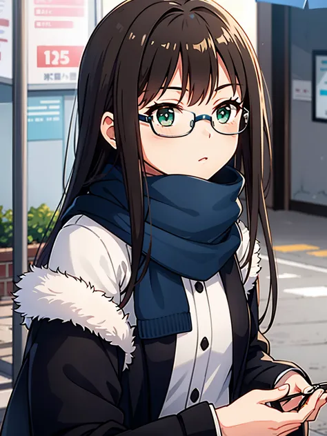 RIN SHIBUYA、1 girl, mature woman, green eyes、black long hair、A woman wearing a long coat and posing in a Japanese town in the middle of winter、she wears a navy scarf around her neck、woman wearing glasses、thin frame glasses、round lens glasses、thin gold glas...