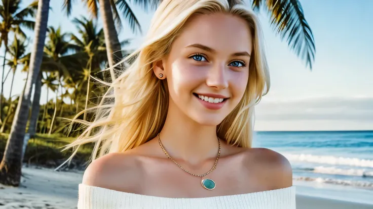 1 girl, Age 19, alone, long hair, huge breasts, looking at viewer, blonde hair, bare shoulders, Blue Eyes, blond hair, like a jewel, whole body, necklace, off shoulder, sweater, realistic, sexy, Beach, palm tree, bikini, smile, smile, smile