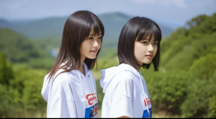 2 girls, white hoodie, T-shirt