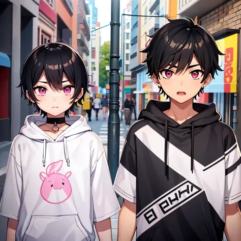 black hair、boy、shortcut、gamer、pink eyes、double、natural skin、double teeth、Shota、black t-shirt、white hoodie、silver necklace、black earrings、Street fashion、room、high resolution