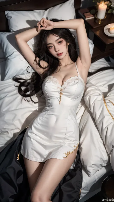 Ahri_Cosplay, White Tails, Black long hair, yellow eyes, 1girl, Lying in bed, ((Bird&#39;s eye view shot)), ((cowboy shot)), night, candlelight, Show off your exquisite figure and graceful curves, slim body, big breasts, cleavage, sexy legs, big eyes, eleg...