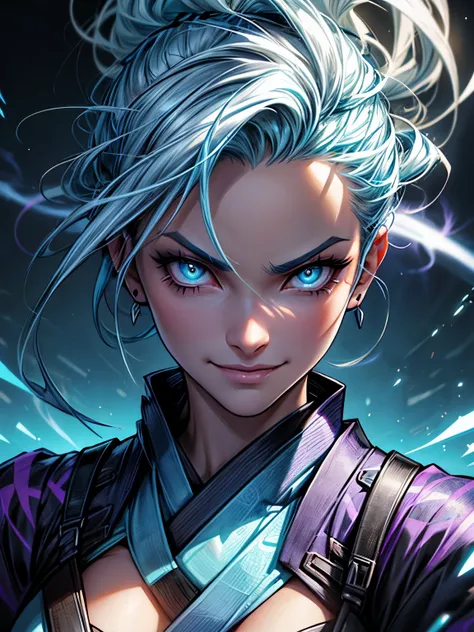 there is a villainous woman with medium light blue hair, eye with thunder drawn in the middle, close-up no olho, neon, energy and powers sparks of light coming out of the woman, kimono branco com azul, lindo, highlights fortes, sombra forte, foco no meio, ...