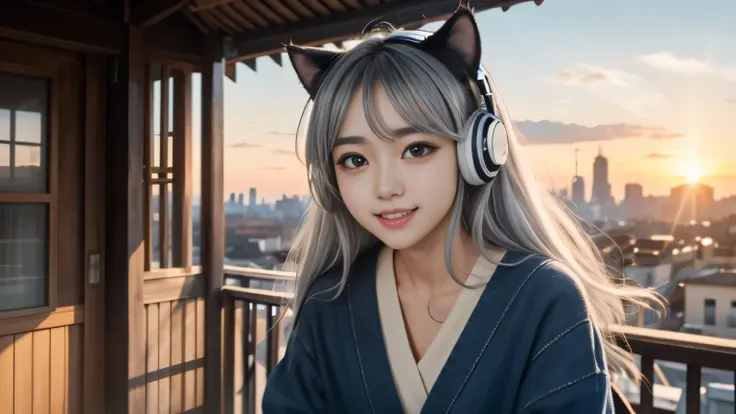 masterpiece, highest quality, movie stills, 1 girl, Cloud Girl, floating in the sky, close, bright, Happy, warm and soft lighting, sunset, (spark:0.7)、Cat ear、headphone、gray hair、17 year old girl、cute、Glamour、good style、laughter、Plump、good style、city、In to...