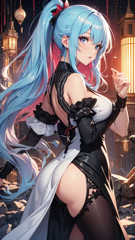 最high quality、best image quality、masterpiece、girl((20-year-old、 By becoming、vest bust、medium bust,wide open breast tea、shining eyes, light blue hair、long hair、thin,highest valley、ponytail、action of looking up、bandage、black dress、long skirt、Rear view、emphas...