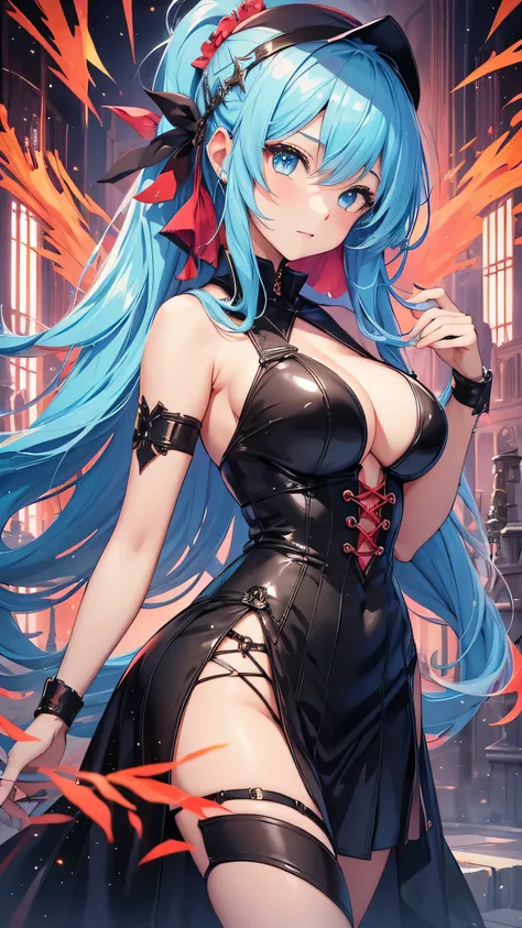 最high quality、best image quality、masterpiece、girl((20-year-old、 By becoming、vest bust、medium bust,wide open breast tea、shining eyes, light blue hair、long hair、thin,highest valley、ponytail、action of looking up、bandage、black dress、long skirt、Rear view、emphas...