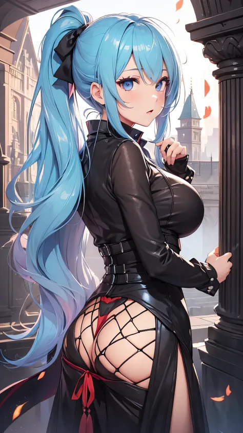 最high quality、best image quality、masterpiece、girl((20-year-old、 By becoming、vest bust、medium bust,wide open breast tea、shining eyes, light blue hair、long hair、thin,highest valley、ponytail、action of looking up、bandage、black dress、long skirt、Rear view、emphas...