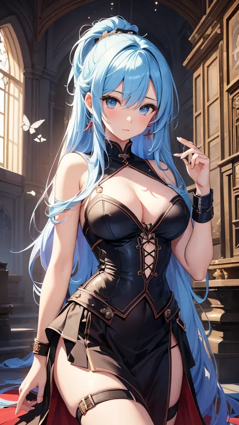 最high quality、best image quality、masterpiece、girl((20-year-old、 By becoming、vest bust、medium bust,wide open breast tea、shining eyes, light blue hair、long hair、thin,highest valley、ponytail、action of looking up、bandage、black dress、long skirt、Rear view、emphas...