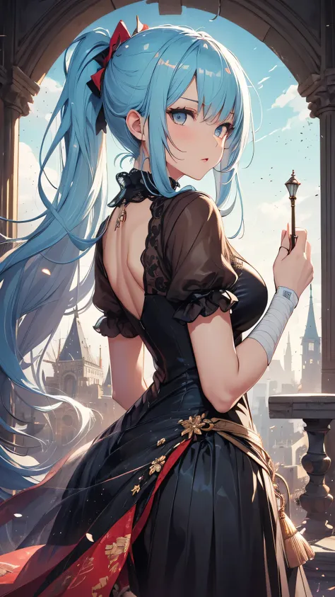 最high quality、best image quality、masterpiece、girl((20-year-old、 By becoming、vest bust、medium bust,wide open breast tea、shining eyes, light blue hair、long hair、thin,highest valley、ponytail、action of looking up、bandage、black dress、long skirt、Rear view、emphas...