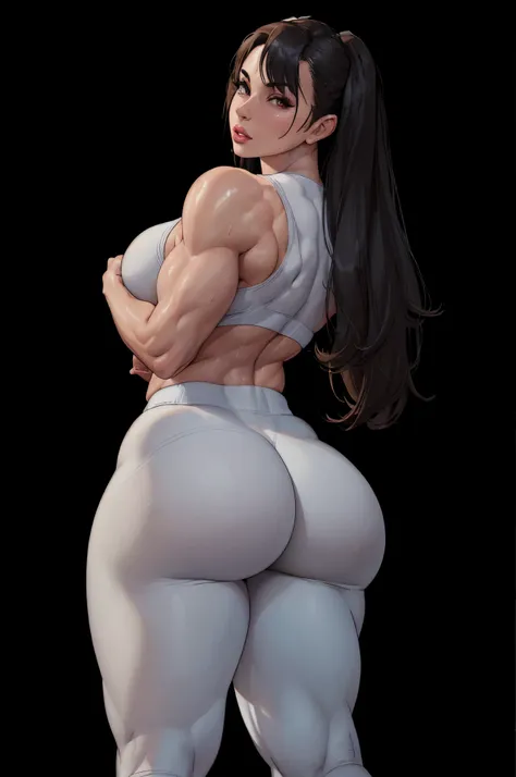 a close up of a tennager girl in a nude outfit posing, like chun li at the gym, strong pose, ((thicc, tifa, cutesexyrobutts, mus...