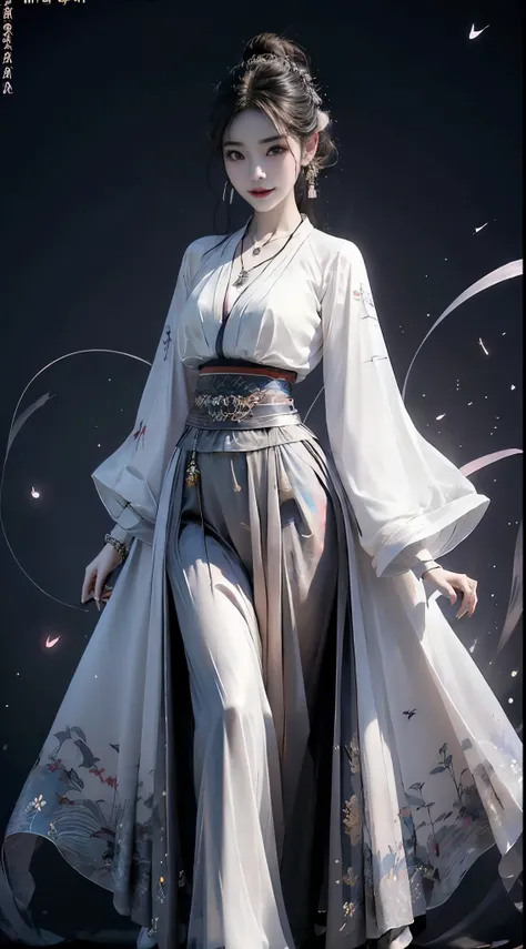 hanfu, ((knee shot)), 8k, masterpiece, original photo, best quality, detail:1.2), ((Shot at random angles)), lifelike, Extremely detailed CG unified 8k wallpapers, depth of field, movie light, lens flare, Ray tracing, (extremely beautiful face, beautiful l...