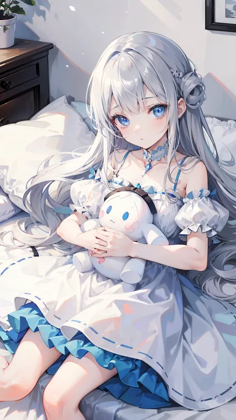 1 girl,Highest image quality,alone,gray hair,like snow white,blue eyes, white skin,Sleepiness,long hair,sleeping habit,half eye,,wet with water,baby doll,indoor,,costume,stuffed toy,,,small,