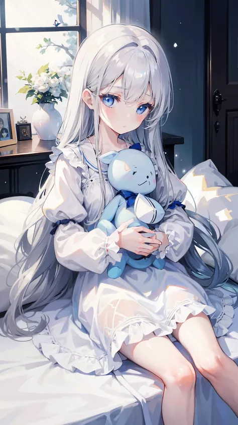 1 girl,Highest image quality,alone,gray hair,like snow white,blue eyes, white skin,Sleepiness,long hair,sleeping habit,half eye,,wet with water,baby doll,indoor,,frills,stuffed toy,,,small,