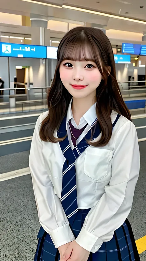 realistic pictures (1 cute korean star) crossed bangs, light makeup, medium chest size, smile a little, school uniform,high school uniform、 At the airport, throw, eye level shot, blurry, Hmm, masterpiece, High resolution, 16k