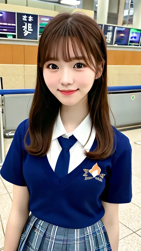 realistic pictures (1 cute korean star) crossed bangs, light makeup, medium chest size, smile a little, school uniform,high school uniform、 At the airport, throw, eye level shot, blurry, Hmm, masterpiece, High resolution, 16k