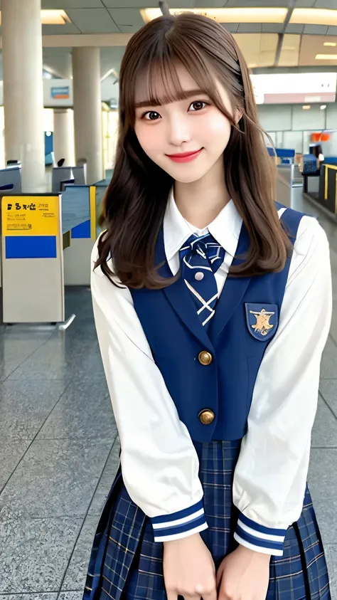 realistic pictures (1 cute korean star) crossed bangs, light makeup, medium chest size, smile a little, school uniform,high school uniform、 At the airport, throw, eye level shot, blurry, Hmm, masterpiece, High resolution, 16k