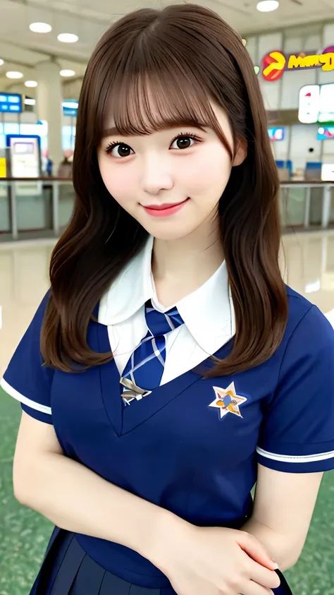 realistic pictures (1 cute korean star) crossed bangs, light makeup, medium chest size, smile a little, school uniform,high school uniform、 At the airport, throw, eye level shot, blurry, Hmm, masterpiece, High resolution, 16k