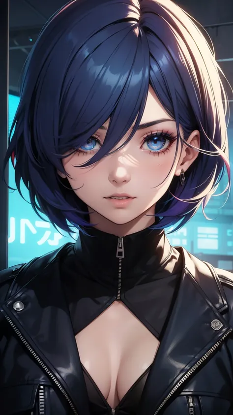 Obra-prima,Detalhado,High resolutions:1.4) , Foto del modelo, fechar, Rosto detalhado, Olhos finos e detalhados,, (Kirishima Touka),medium blue hair,ojo ghoul,retro jacket,Tokyo Ghoul,Fundo retrofuturista, cores vibrantes, hdr,, ,