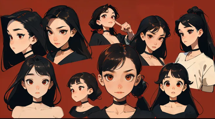 ((masterpiece, best quality)), detailed face, character sheet, Telegraph slang, Full of details., Multiple Poses and Expression, very detailed, depth, many parts, 1st son,For 6 years old  :3, Long hair in brown single ponytail， Black crop top， mitt, stocki...