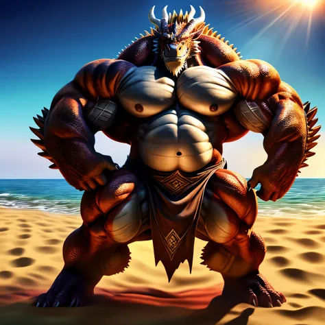 kaido, dragon king, male dragon, eastern dragon, very big muscles, hulking,  extremely strong, big abdominal muscles, hefty musclegut, pecs, feet, claw, full body, loincloth, one piece, HDR,  nipples, sunlight, daylight, outdoor, sunshine, at noon, on beac...