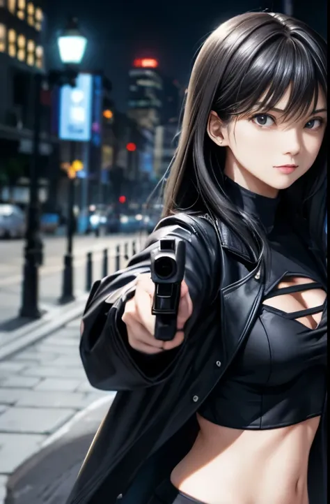 Holding a Handgun 1:5、Holding a handgun in both hands、hand gun 1:3、assassin、long black hair woman、black jacket、black tight skirt、slim body shape、City of night